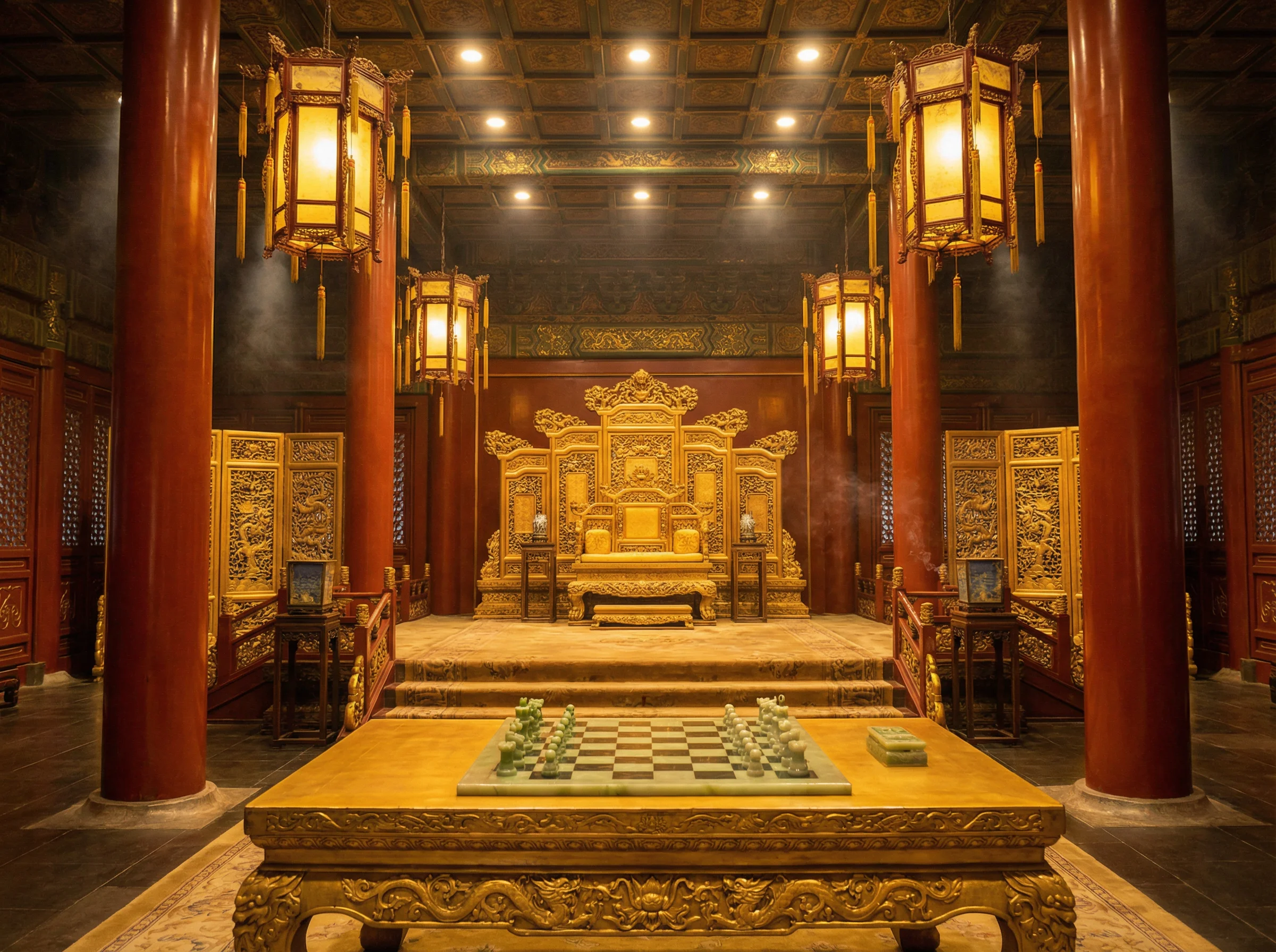 紫禁城金銮殿内景与棋盘 - 瓦力棋牌 帝王弈道